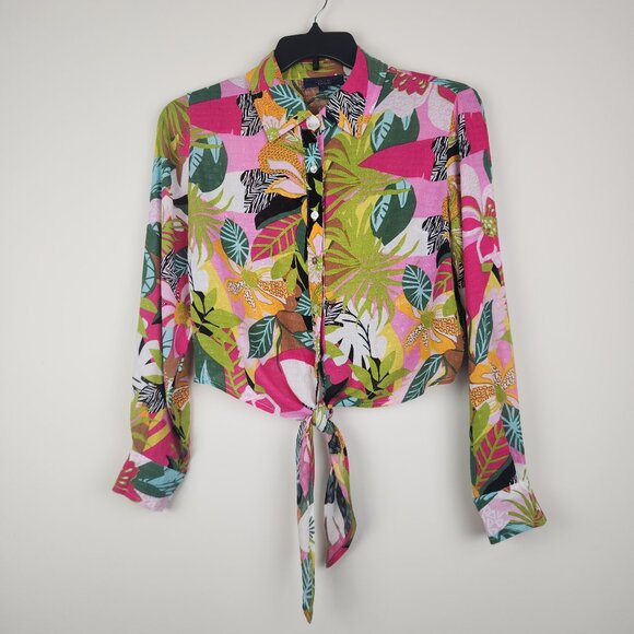 Rachel Roy Size S Colorful Floral Tropical Print Tie Hem Long Sleeve Top Blouse - Picture 1 of 10
